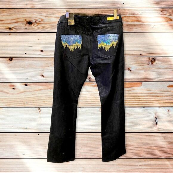 Express Women 4 Blue Stella Boot Leg Jeans Sequin Low Rise Denim Dark shimmery - Picture 6 of 16